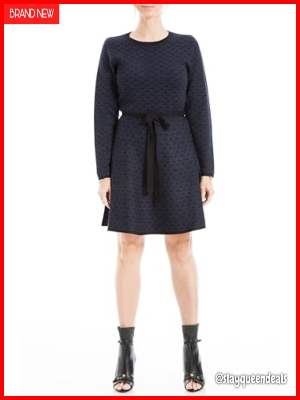 Knit Jacquard Bodycon Fit & Flare Sweater Dress with Belt